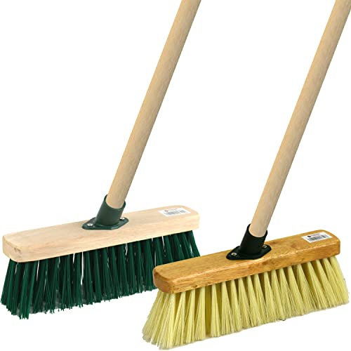 Indoor/Outdoor Sweeping Brooms, 12 Inch PVC Heads with 120cm Wooden Handles, Set of 2, Heavy Duty