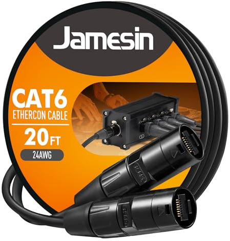 Jamesin CAT6 Shielded Ethercon Cable, 20 Feet, with Booted Rj45, Tactical Locking Ethernet, and Converta-Shell Connectors, for Studio Setups, Touring, Stage Production, Concerts & Other Applications