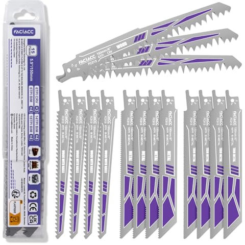 FACIACC Set di lame per sega alternativo, 15 pezzi, lame per sega alternativo in CRV e BIM per metallo e legno, seghe set di ricambio per tubi in plastica e metallo