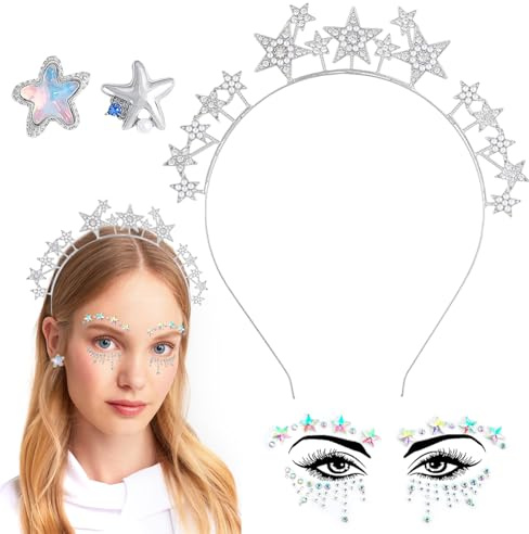 Sterne Haarreif, Funkelnder Haarreif Sterne mit Gesicht Edelsteinen und Ohr-Accessoires, Sterne Strass Haarband für Damen & Mädchen - Sehr Geeignet für Karneval, Chemischer Tanz, Geburtstag und Party