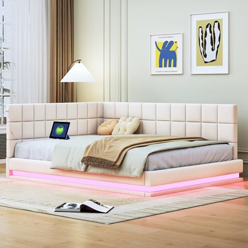 Merax Schlafcouch 140 x 200 cm, Schlaffunktion Schlafsofa mit LED Lichtleiste, USB Steckdose, Polsterbett 2 Sitzer mit Lattenrost, Samtstoff, Beige (Ohne Matratze)