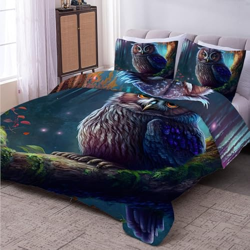 LSSLK Piumino Letto Matrimoniale 4 Stagioni 240x260 cm, Gufo Reversibile Piumone Leggero 260x240 cm, Tema Animale 3d Coperta Trapunta in Microfibra con 2 Federe, Lavabile in Lavatrice