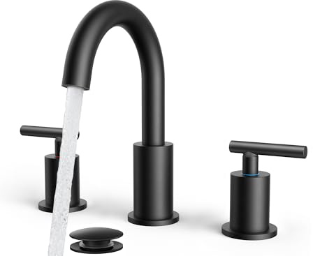 FORIOUS Black Bathroom Faucet 3 Hole, 8 Inch Matte Black Bathroom Sink Faucet Widespread with 360° Swivel Spout, Suitable for 6-12 Inch Vanity Sink, with Pop-up Drain and cUPC Supply Line