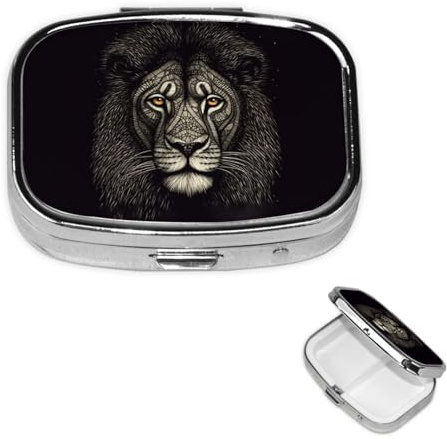 Pillendose mit Spiegel, Retro, 2 Fächer, Löwen Pillendose mit Linien, kleiner Pillenorganizer für Handtasche oder Tasche, dekorativer Metall-Vitamin-Organizer, einzigartige Geschenke