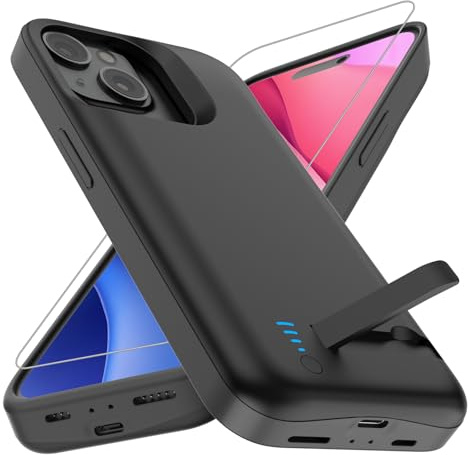 Giabuao Funda de Batería para iPhone 15, 8500 mAh Delgada y Recargable, Cargador Extendido con Soporte, Batería Externa Protectora Portátil para iPhone 15 (6.1 Pulgadas) - Negro