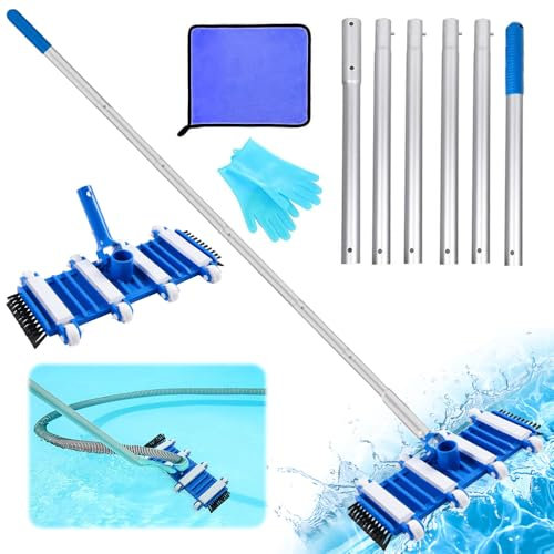Aspiratore Piscina,Kit Pulizia Piscina,2.1 M di Asta in Lega Rinforzata,Aggiunta di Spazzole Laterali per una Pulizia Senza Punti Ciechi,Per Laghetto, Fontana