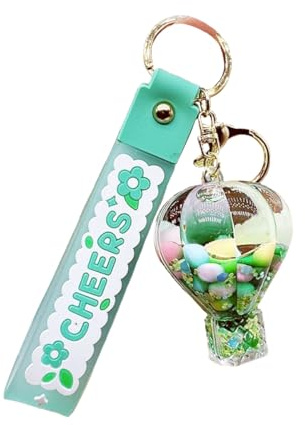 JTMY Cute Hot Air Balloon Quicksand Keychain Creative Green Liquid Motion Rainbow Bean Keyring Schoolbag Pendant for Kids
