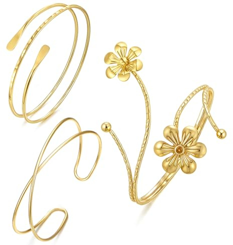 BOMAIL 3Pcs Gold Arm Cuff Bracelets for Women Open Adjustable Upper Arm Bangle Adjustable Coil Swirl Armlet Armband Set Minimalist Upper Arm Cuff Jewelry for Women(E)