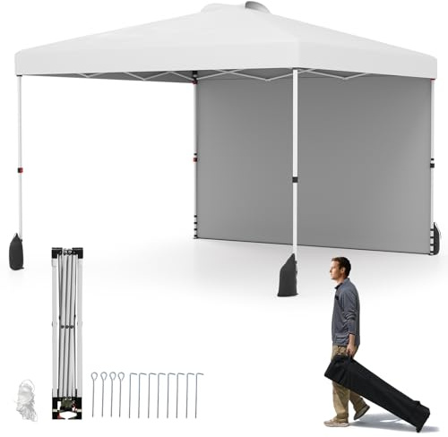 COSTWAY 3 x 3 m pop-up-paviljong med sidovägg, bärbar trädgårdspaviljong inklusive skuggdispenser med rullficka, 8 pinnar, 4 ankare, 4 vindsegel och 4 sandsäckar, utomhusfesttält (vit)