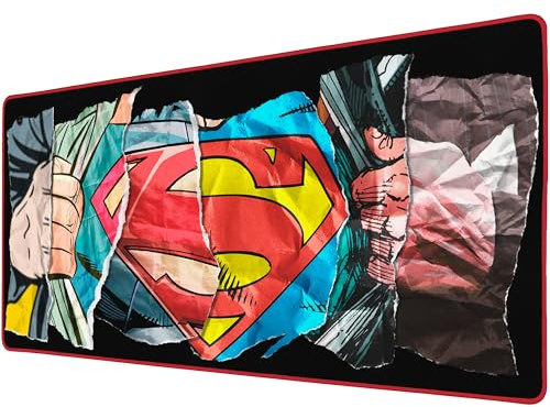 Subsonic - Tapis de Souris XXL Superman 90x40 cm - Noir & Bords rouges | Licence Officielle, Tapis de Bureau avec Surface Lisse Optimisée pour Capteurs de Souris, Base Antidérapante et Bords Cousus