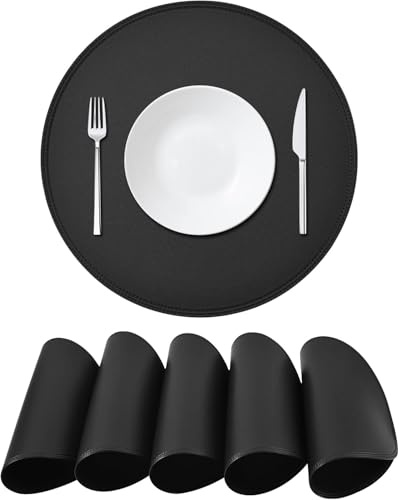 RSWDE Platzsets Rund Tischsets Abwaschbar Schwarz 6er Set, Tischsets Weihnachten Leder Lederoptik Kunstleder Wasserdicht Platzdeckchen - Hitzebeständig Schmutzabweisend Tischset für Küche Speisetisch