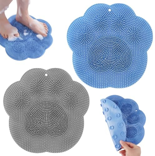 2 Pièces Tapis De Bain en Silicone, 28 × 28cm Brosse Pieds Douche, Tapis De Massage AntidéRapant en Silicone avec Ventouses Antidérapantes pour Masser Pieds, Exfoliant, Masse Votre Dos,Bleu + Gris