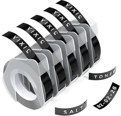 Vixic 9mm Embossing Tape for Embossing Label Makers | Black 3D Plastic Self-Adhesive Embossing Labels Compatible with DYMO Omega Junior Embossed Label Makers, 5 Pack