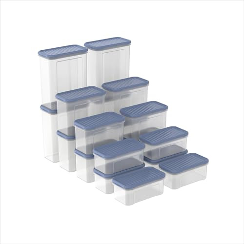 Rotho DOMINO 18er-Set Vorratsdosen mit Deckel stapelbar transparent Blau | 4 Größen für Trockenvorräte, Streu- und Schüttfunktion mit zwei Öffnungen, dicht und sicher schließend, spülmaschinengeeignet