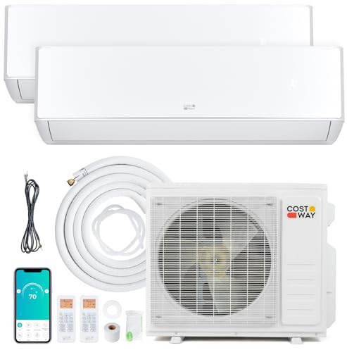 COSTWAY 18k Dual 2 Zone Mini Split Air Conditioner, 24 SEER2 9000 BTU+ 12000 BTU 208/230V Inverter AC w/Heat Pump & Pre-Charged Condenser,WiFi Enabled Ductless AC, Line Set Included