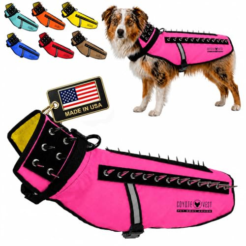 CoyoteVest Dog Harness | Stab-Resistant Protective Vest | Coyote Vest for Dogs | Defends Against Coyotes, Dogs, Birds of Prey | Reflective Safety, Made in USA (Medium, Neon Pink)