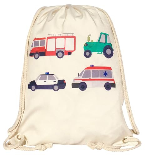 HECKBO Kinder Turnbeutel Jungen Mädchen mit Feuerwehr, Traktor, Krankenwagen & Polizei - Gymsack, Rucksack, Spieltasche, Sportbeutel, Schuhbeutel, Tasche für Jungen Jungs