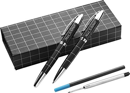 Schmalz® Trendiges Metall Schreibset mit Gravur - Modell CASTLE Elegante Drehfunktion schwarz/blaue Mine - Geschenk zum Geburtstag mit Geschenk-Etui