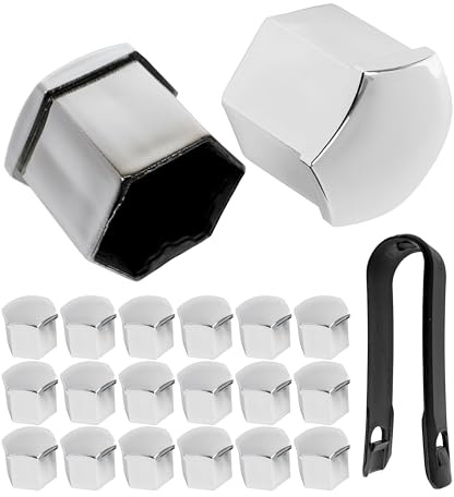 Radschrauben- und Muttern Kappen Set, 21-teilig, für 21 mm Sechskant Schrauben und Muttern, min. Ø 28 mm Felgen Schraubenloch, Radmutternkappen in Silber-glänzend, 1 x Werkzeug, Radbolzen Abdeckung