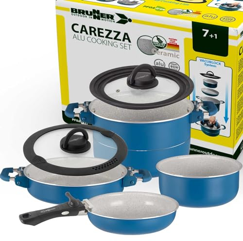 BRUNNER Camping Kochgeschirr-Set Keramik – ø 20, 22 oder 24-cm Carezza NG | Platzsparend stapelbare Töpfe und Pfannen, 2 bis 4 Personen - Beschichtet, Leicht &,