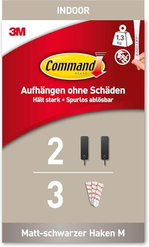 Command Klebehaken, Matt, Schwarz, 2 Metallhaken selbstklebend und 3 Klebestreifen, Mittel - Zum Aufhängen von Taschen, Kleidung - Haken für Wand, Türhaken, Organisieren ohne Bohren, Hält 1,3kg