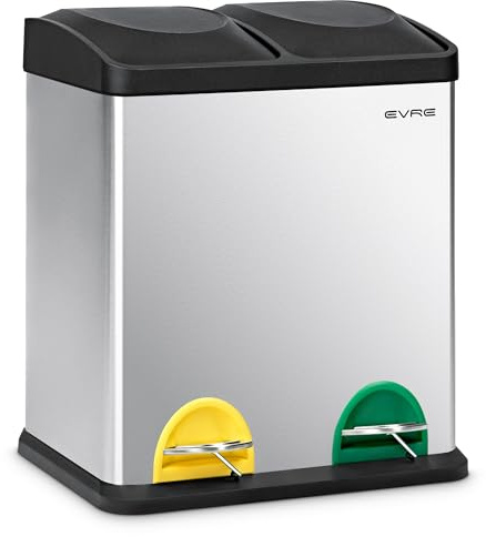 EVRE Stainless Steel Multi Compartment Recycling Bin with Removable Inner Buckets, Odour Seal, Non Slip Base Dustbin for Rubbish Trash Waste Indoor Kitchen Office Home (30L, 15L+15L Compartments)