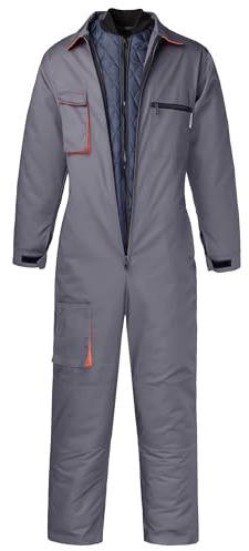 Yukirtiq Men's 2 in 1 Padded Work Coveralls Mechanic Boilersuit Winter Coveralls Jumpsuit Garages Boiler Suit, Grey, XS
