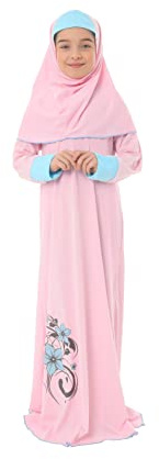 Elanesa Mädchen Gebetskleidung Kinder Islamische Kleidung Kleid Mädchen Zweiteilige Kleider Maxi Gebetskleid mit Ärmelbündchen, Hijab und Rosenkranz Geschenk Blumen gedruckt