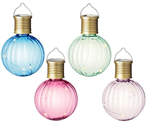 Lumineo Set of 4 Hanging Solar Light Bulbs Bright Coloured Globe Garden Lights Warm White LEDs (894065)