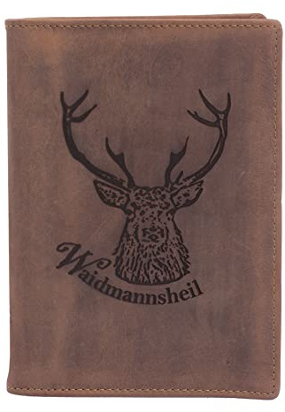 FFelsenfest Jagdscheinmappe Leder mit Waidmannsheil Motiv I Heimtierausweis Impfpass Hülle DIN A6 Etui für Waffenschein Mappe Braun