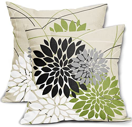 Black Green Pillow Covers 18x18 Inch Dahlia Flower White Gray Elegant Colored Throw Pillows Farmhouse Outdoor Decor for Home Living Room Sofa Bed Modern Floral Linen Square Cushion Case, Set of 2
