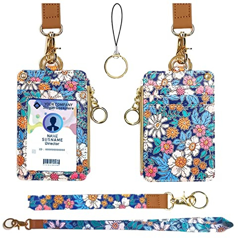 Schlüsselband Geldbörse,Wallet Lanyard,Lanyards für Ausweise,Lanyards für Ausweise für Frauen,Schlüsselband Geldbörse für Frauen,Fashion Badge Holder with Zipper(Cartoon Floral)