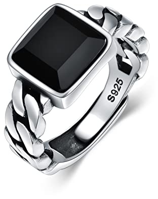Schwarzer Onyx Ring 925 Sterling Silber Vintage oxidierter verstellbarer offener Ring mit Onyx im Quadratschliff