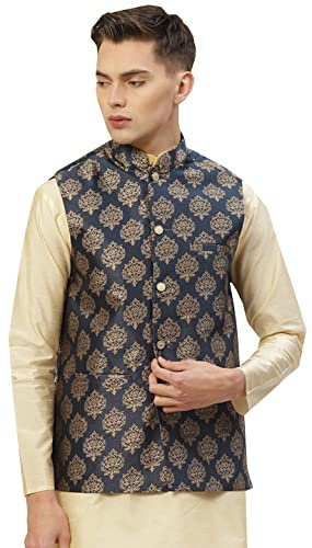 Maple Clothing Men's Brocade Silk Nehru Jacket Traditional India Waistcoat (Blue, S)