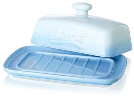 Large Porcelain Butter Dish with Lid, Candiicap Classic Color Changing Butter Keeper for Countertop, Large Butter Holder for Butter Storage, Dishwasher Safe (Sky Blue)