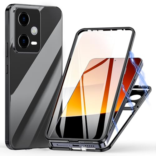 Hülle für Xiaomi Redmi Note 12 Pro 5G, Magnetische Adsorption Handyhülle 360 Grad Schutz Aluminiumrahmen mit Gehärtetes Glas, Starke Magneten Stoßfest Metall Flip Case Cover - schwarz