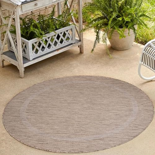 Carpetsale24 Outdoor Teppich Rund 200 cm Braun Bordüre Design Flachgewebe Wetterfest Waschbar Groß für Wohnzimmer Esszimmer Terrasse Garten