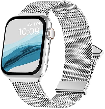 Metallarmband Kompatibel mit Apple Watch Armband 42mm 44mm 45mm 46mm 49mm, Edelstahl Mesh Armband mit Magnetverschluss für Apple Watch SE Series 10 9 8 7 6 5 4 3 2 1 Ultra, Silber