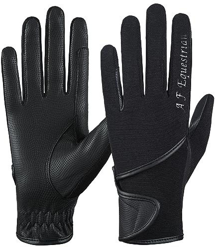 AFE Ladies Horse Riding Gloves Track Fabric Gloves Synthetic Leather Equestrian Black Stretch Thermal Lined (Small)