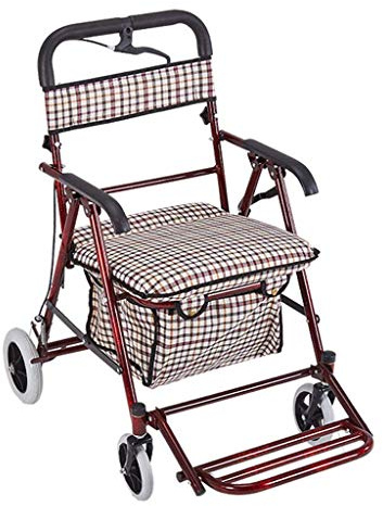 Gehhilfe, Einkaufswagen für ältere Menschen, Rollstuhl, vierrädriger Wagen, Einkaufswagen für den Haushalt, mit Sitz + Pedal, Seitenbremse, alles ist in Ordnung (rot)