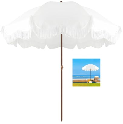 ELZEM 180cm Strandschirm Windfest Stabil Weiß Sonnenschirm Mit Quasten Balkonschirm Neigbar Gartenschirm Wasserdicht Marktschirm Tragetasche Für Garten Terrasse Pool Balkon/8 Rippen Höhenverstellbar