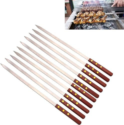 Générique Schaschlikspieße, breit, Grillspieße aus Metall, Spieße, Kebab, Outdoor-Spieße, mit Holzgriff, für Grill, Partyzubehör, 50 cm lang, 10 Stück