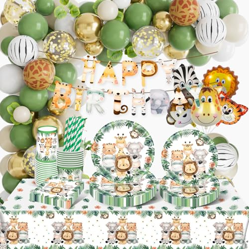 Dschungel Safari Partygeschirr Set, Wild One Geburtstag Deko, Dschunge Geburtstag Deko mit Folienballon, Tiere Papier Teller Tassen Servietten Luftballon Junge Partygeschirr Deko für 16 Gäste
