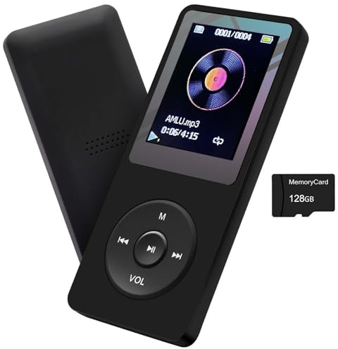 Lecteur MP3 128 Go avec haut-parleur et écouteurs, portable, HiFi, son sans perte, mini lecteur de musique, enregistreur vocal, e-book, écran HD, 4,6 cm, noir