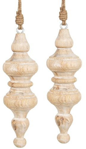 Logbuch-Verlag 2 Lange Holz Anhänger Kugeln Deko Quasten Natur weiß Ornamente zum Aufhängen 19 x 8 cm