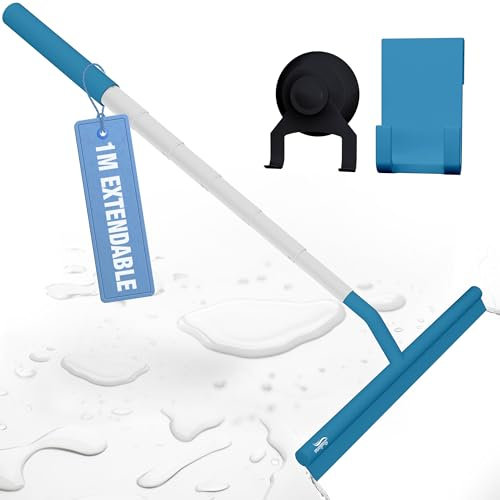 BADIONA Extendable Shower Squeegee & Window Cleaner - 100cm Telescopic Rod Incl. 2 Hook Equipment I Multi-Purpose Bathroom Squeegee for Shower, Squeegee Shower Cleaner, Shower Wiper, Silicone Squidgee
