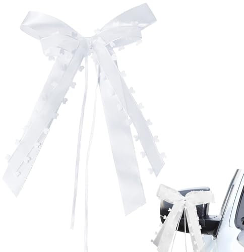 UieaMsio 50 Stück Autoschleifen Antennenschleifen, Autoschleifen Hochzeit Weiß, Autoschmuck für Hochzeit, Handgemacht Satinband, Einfaches Binden am Auto für Hochzeits, Autoschmuck