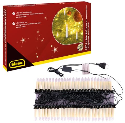 Idena 31839 - LED Lichterkette mit 50 Kerzenlichtern, elfenbeinfarbene Kerzen mit Befestigungs-Klemmen, ca. 26 m lang, Deko für Innen, Weihnachtsdeko und Beleuchtung für den Weihnachtsbaum