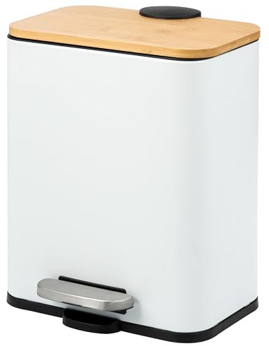 bremermann Pattumiera per cosmetici, a pedale, capacità 5 litri, con coperchio in bambù Soft-Close, per bagno, cucina, ufficio con secchio interno in plastica, in bambù e metallo (bianco)