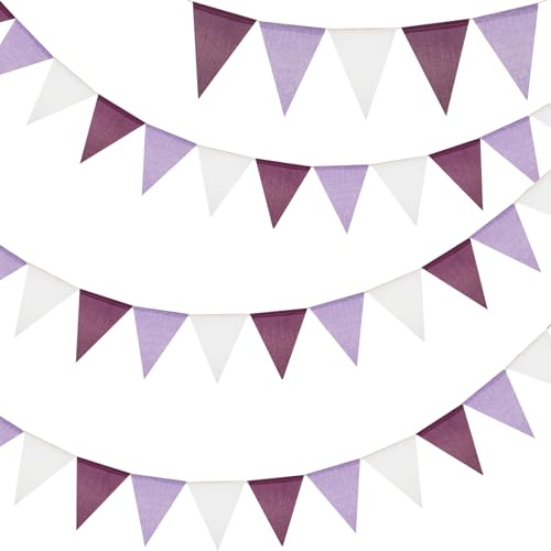 G2PLUS Wimpelkette Outdoor Wetterfest Lila Weiß, 12M Indoor Party Wimpel Girlanden, Wimpelketten Garten mit 36 STK Wimpel, 3 Stück Jute Wimpelketten für Geburtstag, Garten, Party | Wetterfeste dreieckige Wimpel für Kinderzimmer, Party, Hochzeit, Terrasse und Gartendekoration